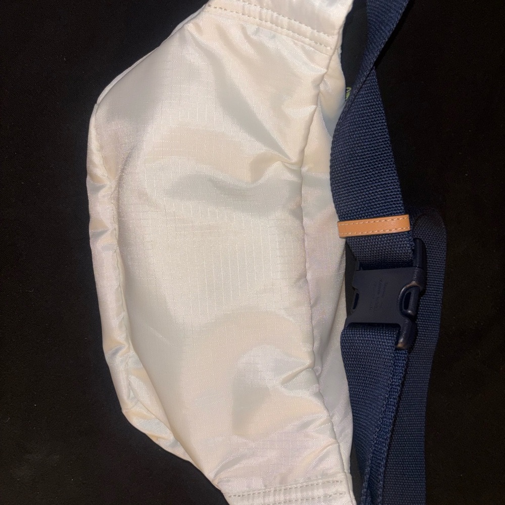 Tory Burch White Crossbody Belt Bag with Navy Strap and Multicolor Logo, worn 1 - Picture 2 of 3